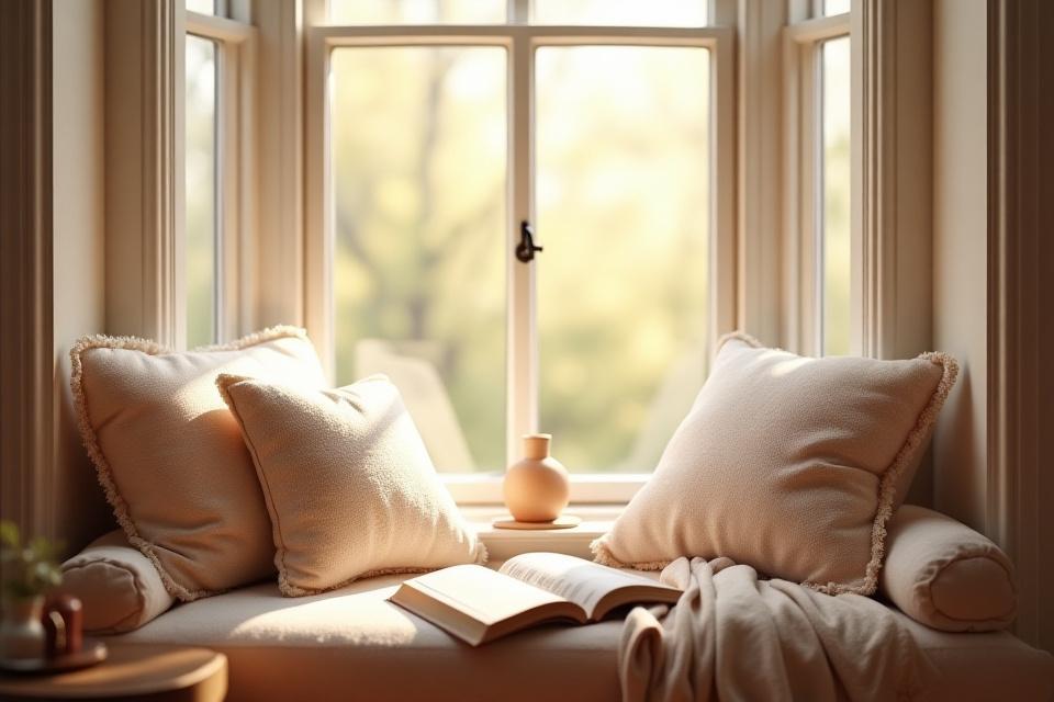 Cozy window seat with cushions and storage