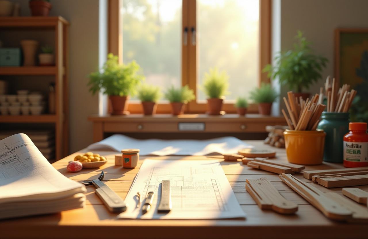 DIY home improvement workspace with tools and materials